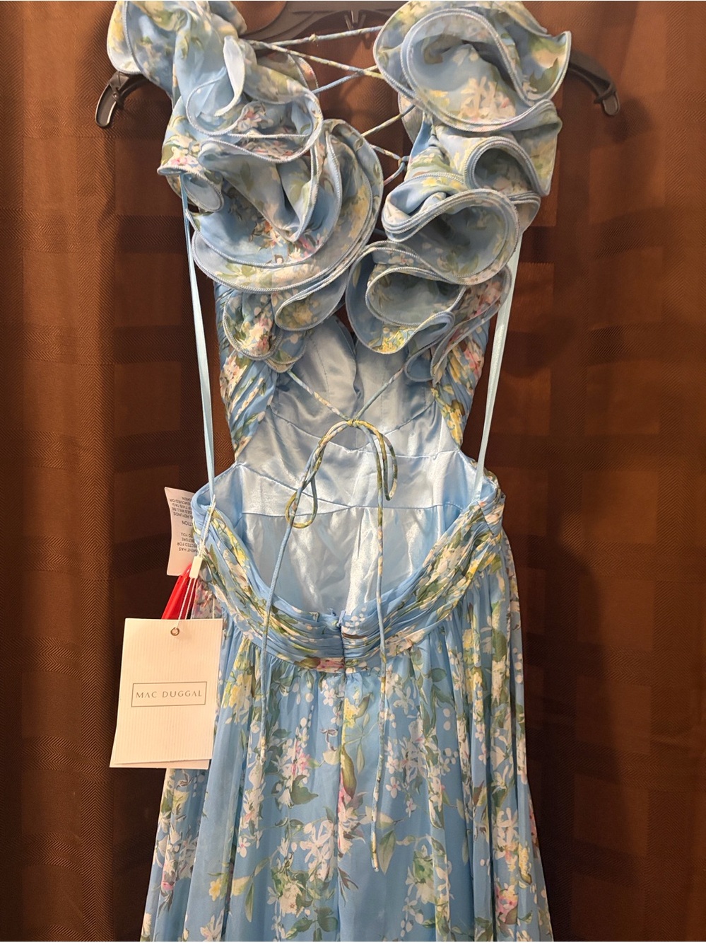 NWT Mac Duggal Blue Ruffle Tiered Floral Cut-Out Chiffon Gown reg $398 size 6 - Picture 13 of 16